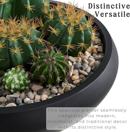 Large Bowl Planter, 23.3"Dia x 8"H Succulent Pot with Drain Hole, 21"Opening Flowerpot for Herbs, Bonsai, and Shallow-root Plants, Concrete Planters for Indoor Outdoor Garden, Patio Decor, Large-Black