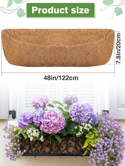 48in Coco Liners for Window Planter Box - 3 Pack 100% Natural Coconut Coir Fiber Liner Replacement for Deck Flower Box, Garden Railing Fence Trough, Wall Planter Basket, Vegetables Pot
