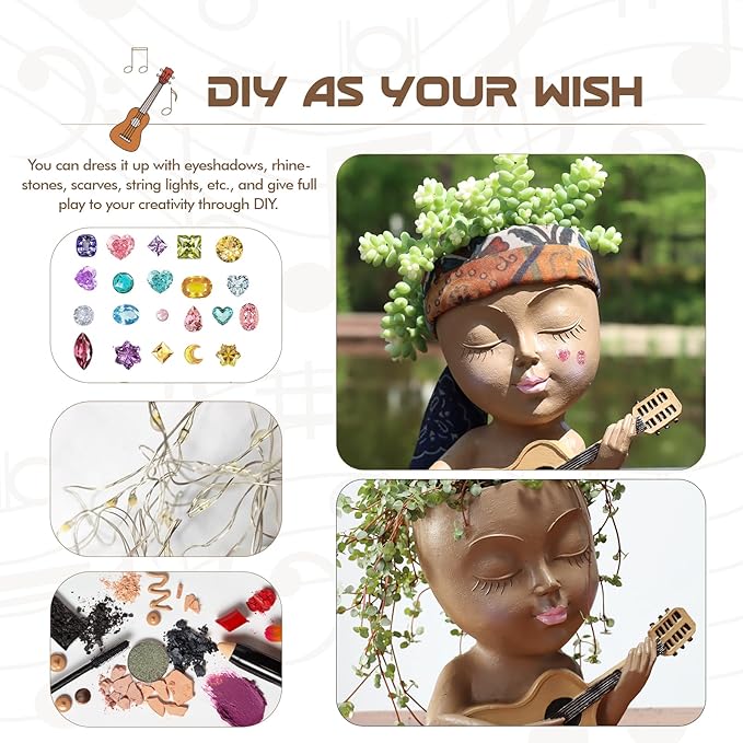 Face Planter Pot, Cute Girl Playing Guitar Head Planter for Indoor Plants, Unique Resin Succulent Pots with Drainage, Creative Music Lover Gifts for Guitarist Women Mom (Brown)