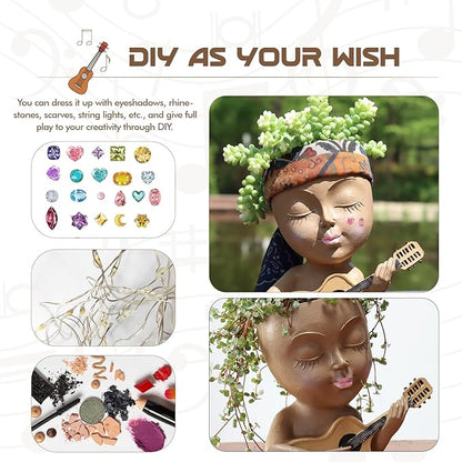 Face Planter Pot, Cute Girl Playing Guitar Head Planter for Indoor Plants, Unique Resin Succulent Pots with Drainage, Creative Music Lover Gifts for Guitarist Women Mom (Brown)
