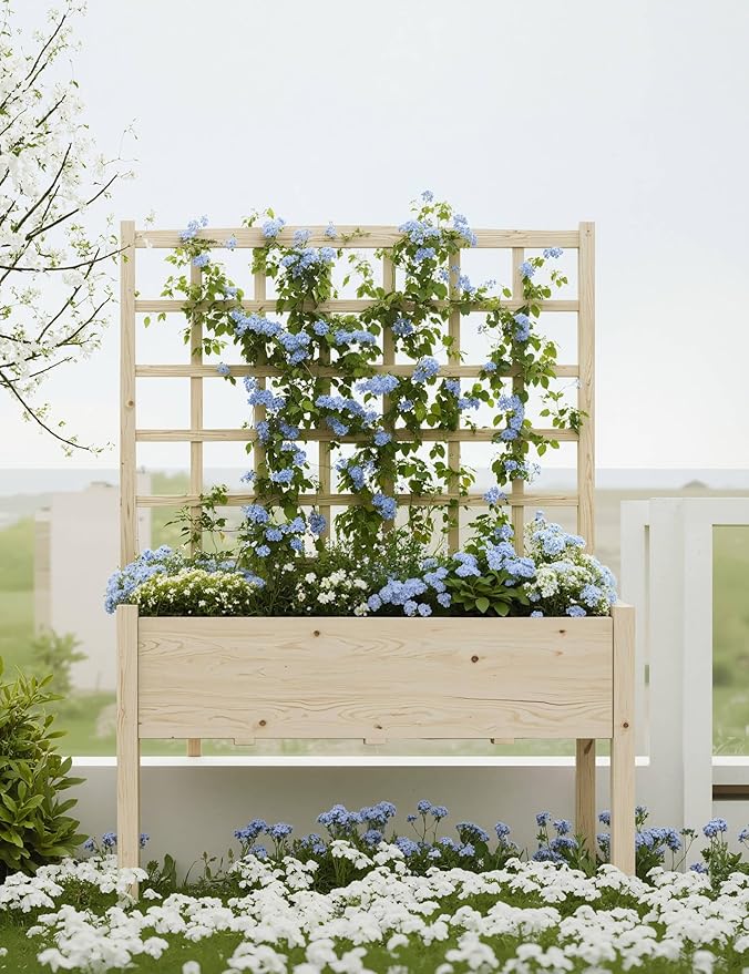 GarveeLife Raised Garden Bed with Trellis, Wood Elevated Planter Box Stand with Leg and Black Planter Liner, Standing Raised Planter Box for Climbing Flower Vegetable Herb