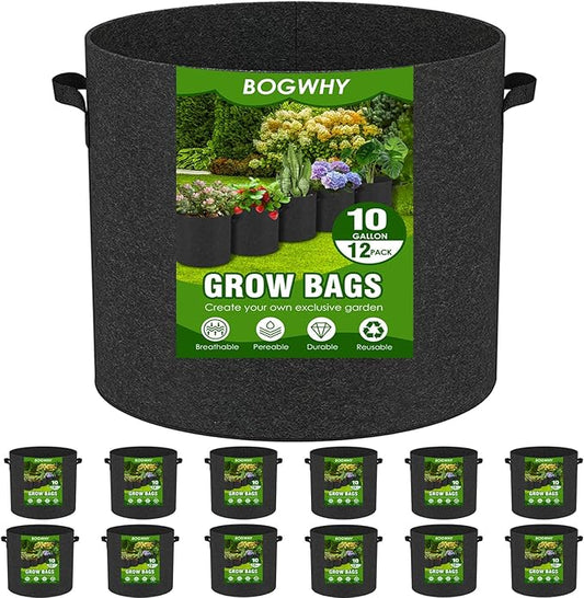 12-Pack 10 Gallon Thickened Non-Woven Breathable Plant Grow Bags, Fabric Inflatable Pots Flowerpots with Handles, Fabric Plant Bags, Black.