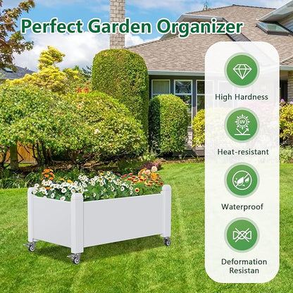 Raised Garden Bed with Wheels, 14 Gallon Self-Watering Raised Planter Box with Drainage Plug & Gauge for Vegetables Flowers Herbs Succulents, Rustproof Resin for Backyard Patio Porch (Ashen)