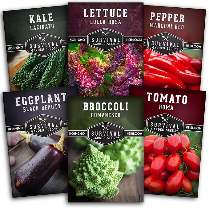 Italian Heirloom Vegetable Seeds – 6 Variety Garden Collection for Planting with Romanesco Broccoli, Roma Tomato, Marconi Pepper, & More – Non-GMO Vegetables for Home Gardens – Survival Garden Seeds