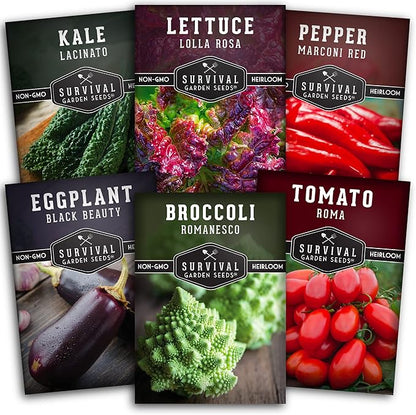 Italian Heirloom Vegetable Seeds – 6 Variety Garden Collection for Planting with Romanesco Broccoli, Roma Tomato, Marconi Pepper, & More – Non-GMO Vegetables for Home Gardens – Survival Garden Seeds