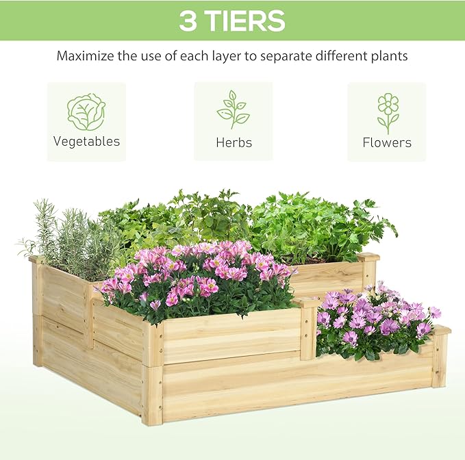 Outsunny 3 Tier Raised Garden Bed, Outdoor Planter Box, Wooden Garden Box with Open Bottom for Growing Vegetables, Herbs, Flowers, 42.5" x 34.75" x 14.25", Natural