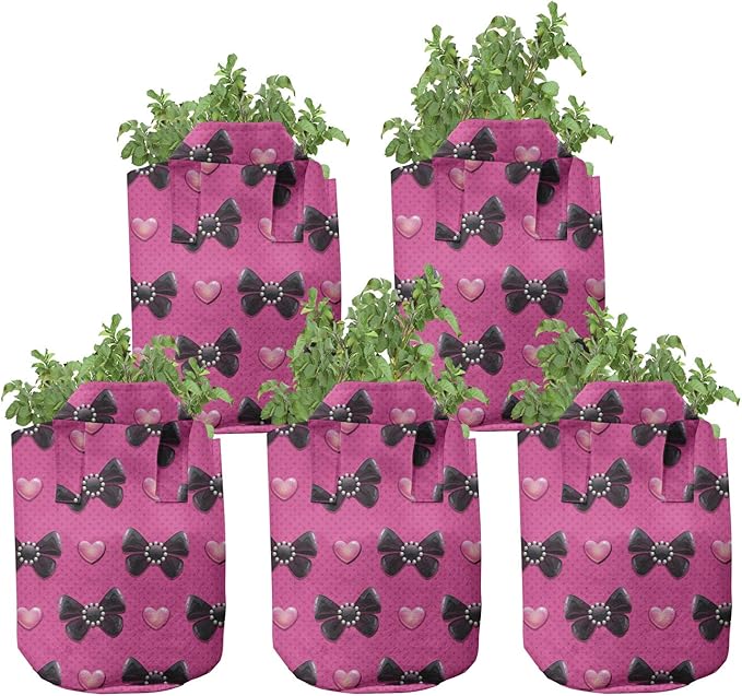 Ambesonne Yellow and White Grow Bags 5-Pack, Shabby Blossom, Heavyduty Fabric Pots with Handles for Plants, Marigold White