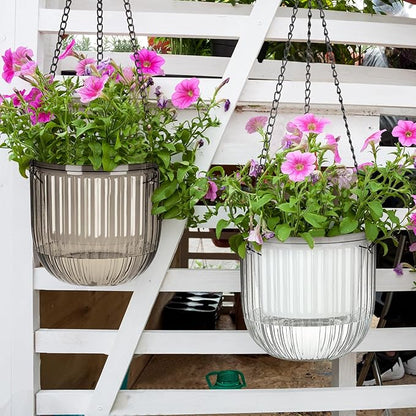 Maxcheck 4 Pcs Self Watering Hanging Planters Indoor Gift 6.5'' 4.5'' Hanging Flower Pots Baskets Outdoor Self Watering Plant with 3hooks Drainage Holes for Home(Grey,Clear)