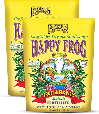 Fox Farm Happy Frog Fruit & Flower Fertilizer – Organic Blend for Abundant Fruits & Vibrant Flowers, Phosphorus Fertilizer with Mycorrhizal Fungi, NPK 4-9-3, 4 lb Bag (2 Pack)