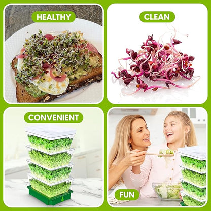 4-Tier Stackable Sprouting Kit with Sink Drain Spout & Ventilated Trays – Modular Seed Sprouter & Microgreens Germination System for Growing Broccoli, Alfalfa & Bean Sprouts.