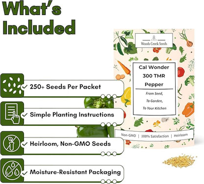 California Wonder 300 TMR Bell Pepper Seeds for Planting - Heirloom, Non-GMO Sweet Bell Peppers, Thick-Walled & Reliable, Home Garden Seeds | Woods Creek Seeds