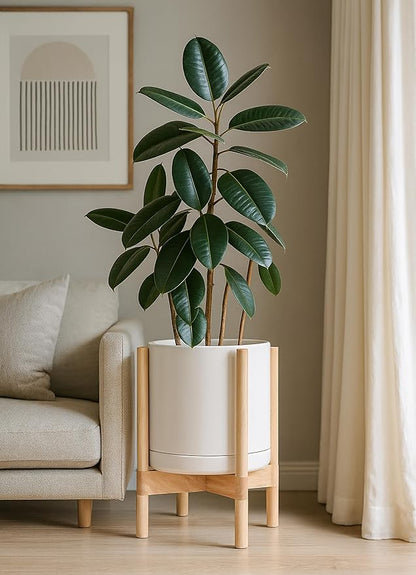 D'vine Dev Ceramic Planter with Natural Stand - 12 Inch Modern Round Flower Pot with Wood Planter Holder, Oatmeal, 55-B-J-8