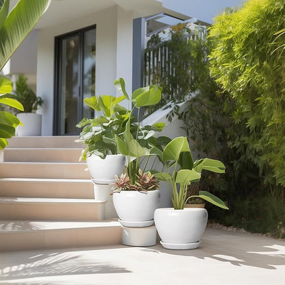 10+8+6 Inch Ceramic Planter, Ceramic Pots for Plants Indoor Outdoor, Round Plant Pots with Drainage Holes and Saucers, Modern Planter, Home Decor, Gardening Gifts for Women, Set of 3, White