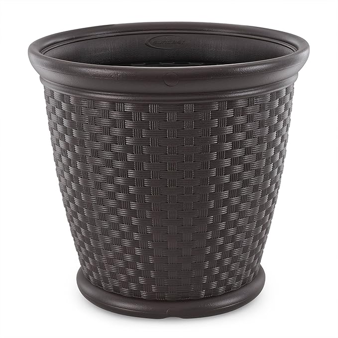 Suncast Sonora 4 Pack 22 Inch Plastic Wicker Indoor or Outdoor Decorative Garden Flower Planter for Entryways, Porch, and Backyard Patios, Dark Brown