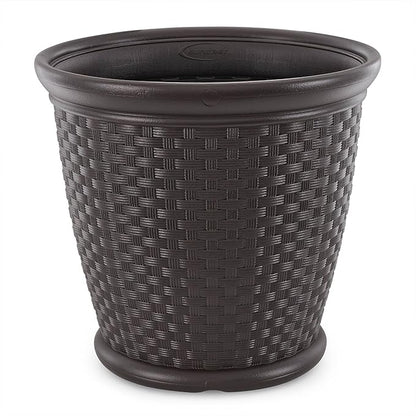 Suncast Sonora 4 Pack 22 Inch Plastic Wicker Indoor or Outdoor Decorative Garden Flower Planter for Entryways, Porch, and Backyard Patios, Dark Brown