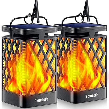 TomCare Solar Lights Outdoor Flickering Flame Solar Lantern Outdoor Hanging Lanterns Decorative Outdoor Lighting Solar Powered Waterproof LED Flame Lights for Patio Garden, 2 Pack(Black)