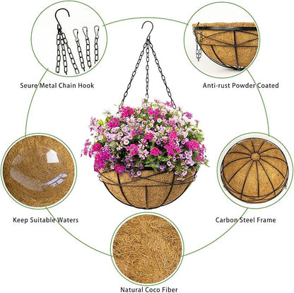 2 Pack 16 Inch Hanging Planters for Outdoor Plants Metal Wire Flower Baskets with Coco Liner & Plastic Saucer Large Deep Hanging Plant Pots for Porch Balcony Garden Décor