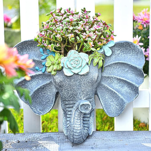 Sungmor Resin Elephant Head Wall Pot, Unique Bohemian Style Animal Face Planter, Vertical Hanging Plant Pot, Pretty Decorative Flower Pot for Indoor Outdoor Plants, for Gardening Lovers