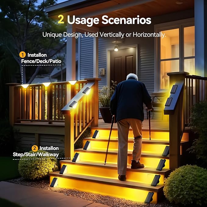 TECKNET Solar Step Lights for Outside, 2 Adjustable Brightness, 2 Mounting Methods, 24 LEDs Solar Stair Lights Outdoor, IP67 Waterproof Deck Light for Yard, Porch, Front Door, Patio, Garden （3000K）