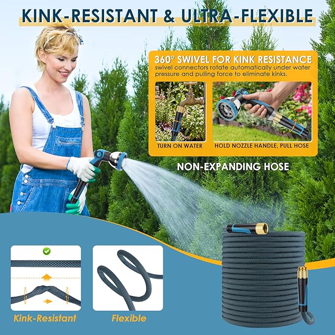 Non-Expandable Garden Hose 100 FT, Lightweight Hose with 10 Function Spray Nozzle, Kink-Free Flexible Water Hose, Durable, Leak-Proof, 360° Swivel Connectors, Portable Storage Strap