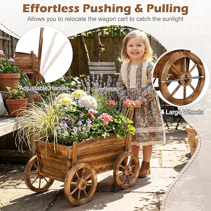 Giantex Wood Wagon Planter Set of 2, Rustic Rolling Flower Pot Stand with Wheels, Handle & Drainage Hole for Growing Vegetables Herbs, Indoor Outdoor Decorative Cart for Patio Balcony Garden