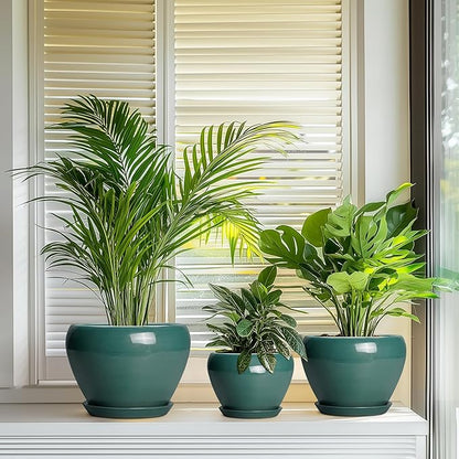 Ceramic Pots for Plants, 10+8+6 Inch Ceramic Plant Pot for Indoor Outdoor Plants, Round Indoor Flower Pots with Drainage Holes and Saucers, Garden Decor, Gift for Women, Set of 3, Dark Green