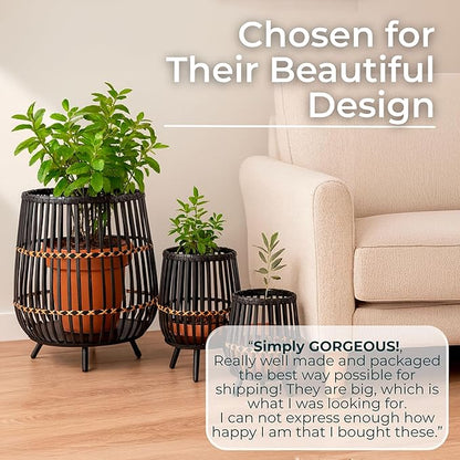 Set of 3 Woven Basket Decorative Planter Pot with Short Legs – Bamboo & Rattan Outdoor & Indoor Plant Pot – Modern Garden & Home Decor Planters – 13", 17", & 19", Black