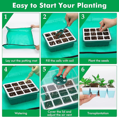 Reusable Seed Starter Tray with 72 Soft Silicone Cells, 6 Pack Seed Starter Kit with Repotting Mat, Humidity Dome and High Lid, Germination Trays for Indoor Greenhouse Seed Starter