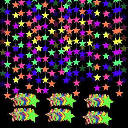 108feet UV Neon Paper Star Garland Glow in The Dark Streamers for neon Party Supplies UV Fluorescent Reactive Paper Star Banner for Wedding Birthday Glow in The Dark Party Favors Neon Party Decor…