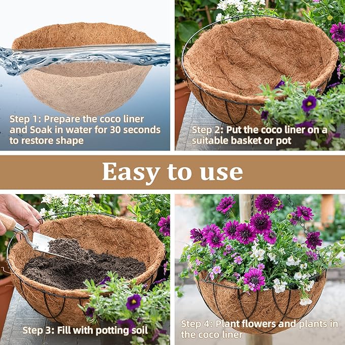 Legigo 4 Pack 16 Inch Hanging Basket Coco Liners Replacement, 100% Natural Round Coconut Coco Fiber Planter Basket Liners for Hanging Basket Flowers/Vegetables
