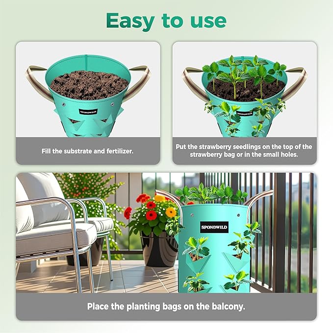 3 Pack 10 Gallon Strawberry Grow Bags, Heavy Duty PE Plant Pots with Breathable Windows and Drainage Holes, Ideal for Strawberries, Veggies, Flowers and Balcony