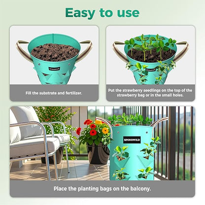 3 Pack 10 Gallon Strawberry Grow Bags, Heavy Duty PE Plant Pots with Breathable Windows and Drainage Holes, Ideal for Strawberries, Veggies, Flowers and Balcony