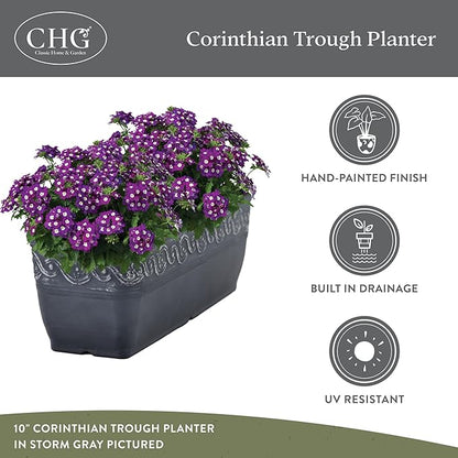 Classic Home and Garden Corinthian Resin Flower Pot Rectangle Planter, Storm Gray, 18"