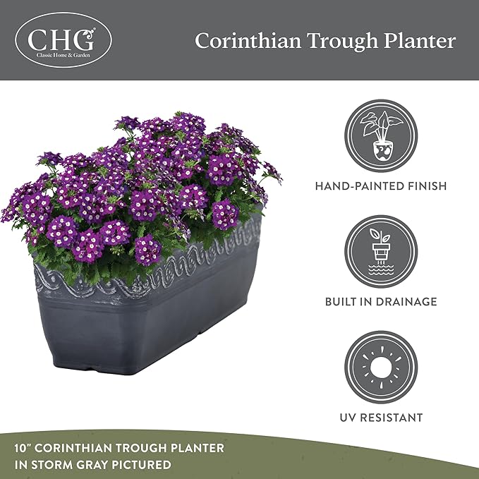 Classic Home and Garden Corinthian Resin Flower Pot Rectangle Planter, Concrete Grey, 18"