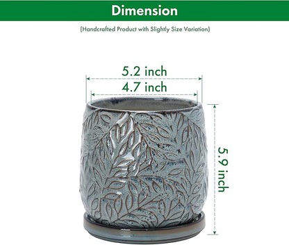 D'vine Dev 5 Inch Embossed Leaves Stoneware Planter Pot with Drainage Hole and Saucer, Graphite Blue, 27-A-V-9