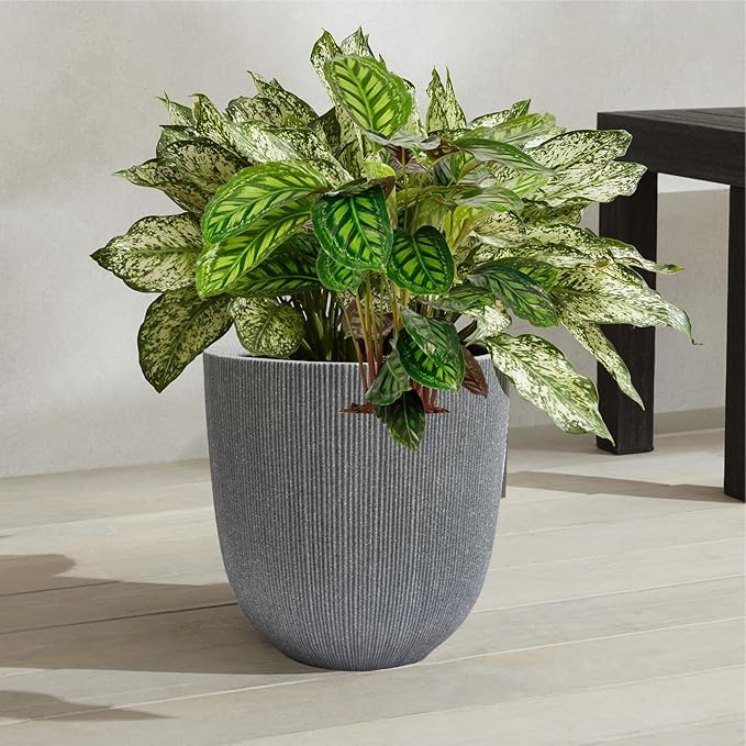 12.4" Tall Round Tapered Planter - Gray Faux Cement Finish, Lightweight Durable Plastic Plant Pot with Drainage Hole & Plug, Weather & UV Resistant Pot for Plants Indoor/Outdoor Use, 10.5" Opening
