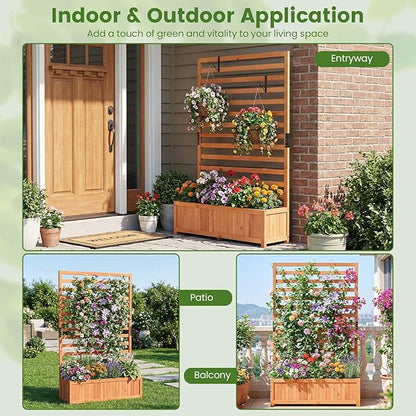 HAPPYGRILL Raised Garden Bed with Trellis, 59" Tall Wooden Elevated Planter Box w/Liner, Drainage, Detachable Base Panel for Climbing Plant Vine Flower, Outdoor Planter w/Trellis for Patio (2)