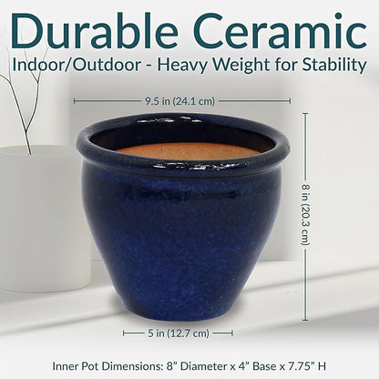 Sunnydaze Round Ceramic Planter - Set of 2 Indoor or Outdoor Plant Pots with Drainage Hole - Chalet - 9" - Imperial Blue Glaze