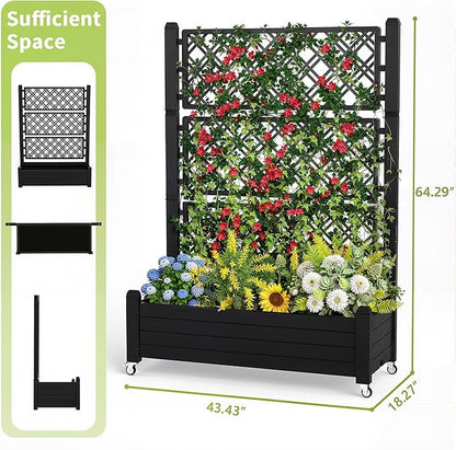 Raised Garden Bed with Trellis, 21 Gallon Self Watering Planter Box with Lockable Wheels & Drainage Holes for Climbing Plants Vegetables Flowers, Anti-Rust Resin for Backyard Patio (Black)