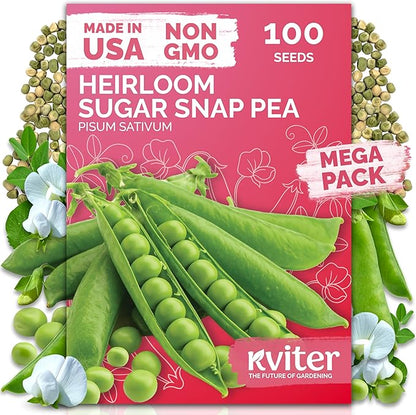 KVITER 100 Sugar Snap Peas Seeds (Pisum sativum) – Sweet Pea Heirloom Seed, Crisp Flavor, Plumper Pods & Early Harvest — Vegetable Seeds for Planting in Outdoor Garden, Containers & Beds