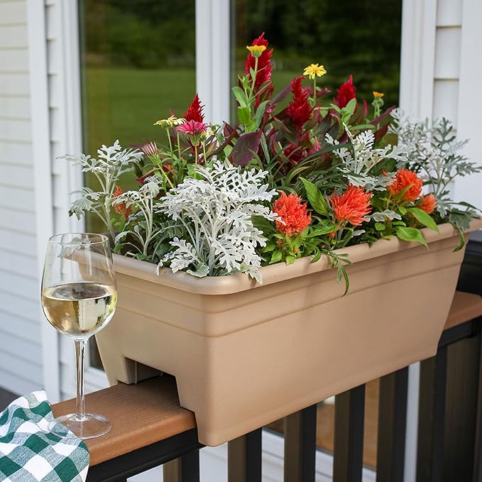 The HC Companies 24 Inch Wide Heavy Duty Plastic Deck Rail Mounted Garden Flower Planter Boxes with Removable Drainage Plugs, 2 Pack, White