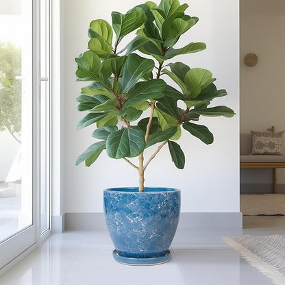 Ceramic Flower Pot - 10 Inch Planter with Drainage Hole and Saucer, Modern Large Planters, Decorative Plant Pot for Indoor Ourdoor, Room Home Garden Porch Decor, Plant Lover Gifts, Blue
