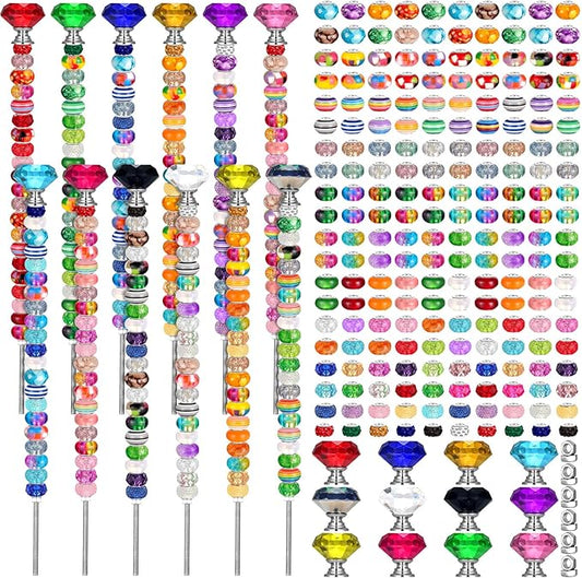 Tigeen 236 Pcs Garden Stake DIY Fairy Wand Plant Stake with 12 Colorful Crystal Stopper Top 12 Threaded Rod with 200 Large Hole Bead for Spring Summer Holiday Outdoor Decorations(Classic)
