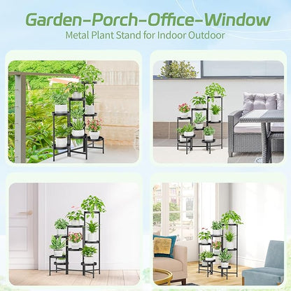 iDavosic.ly Plant Stand Indoor Outdoor, 8 Tier Corner Metal Flower Display Holder Shelf, Easy Assembly Folding Tall Orchid Rack for Patio Balcony Porch Garden Living Room House, Black