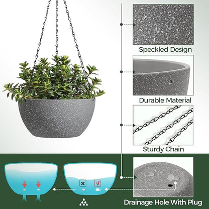 T4U Hanging Planters for Indoor Outdoor Plants 2 Pack - 12 Inch Grey Hanging Plant Basket with Drainage Hole, Round Hanging Flower Plant Pot for Garden Home Decor(Grey)