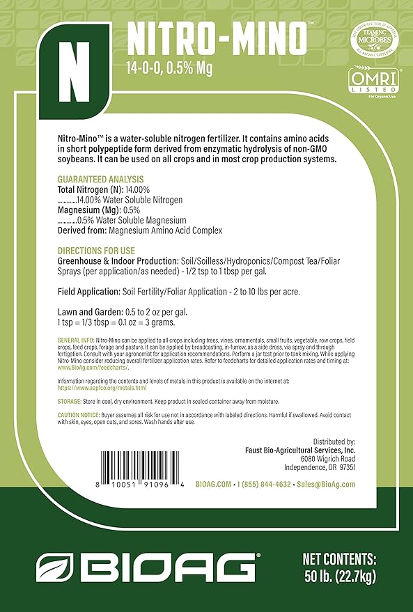 BioAg Nitro-Mino Organic Nitrogen Fertilizer, Amino Acids Nitrogen Magnesium (4 lbs)