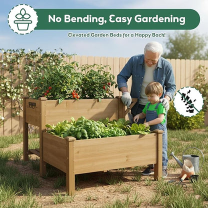 PetsCosset Raised Garden Bed, Outdoor Wood Elevated Planter Box, FirWood Garden Beds with Storage Shelf, Protective Liner, Table Ledge,for Vegetable, Herb, and Flower Cultivation (2 Storey)