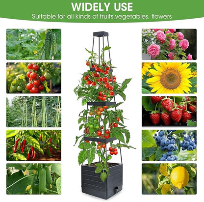 Raised Garden Bed 4 Packs, Planter Boxes with Trellis 58.3'' Tomato Planters for Climbing Vine Vegetables Flowers Plants Self Watering Tomatoes Cage for Outdoor Patio Greenhouse