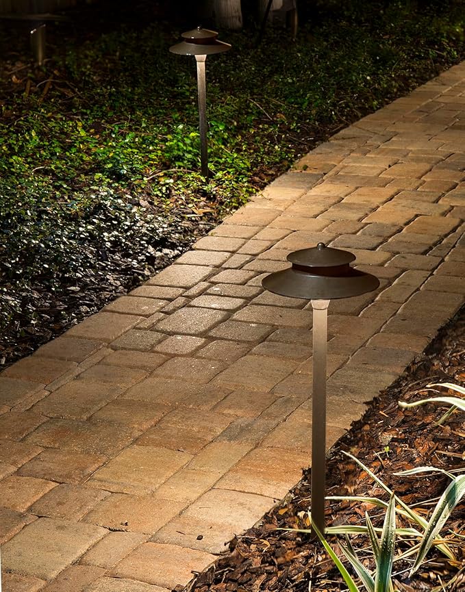 VOLT Stratum 12V Brass 2-Tier Path Light (9" Shade, 25" Tall) for Low Voltage Landscape Lighting on Outdoor Pathway, Walkway, Garden, Driveway or Patio