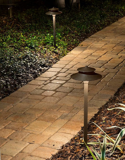 VOLT Stratum 12V Brass 2-Tier Path Light (9" Shade, 25" Tall) for Low Voltage Landscape Lighting on Outdoor Pathway, Walkway, Garden, Driveway or Patio